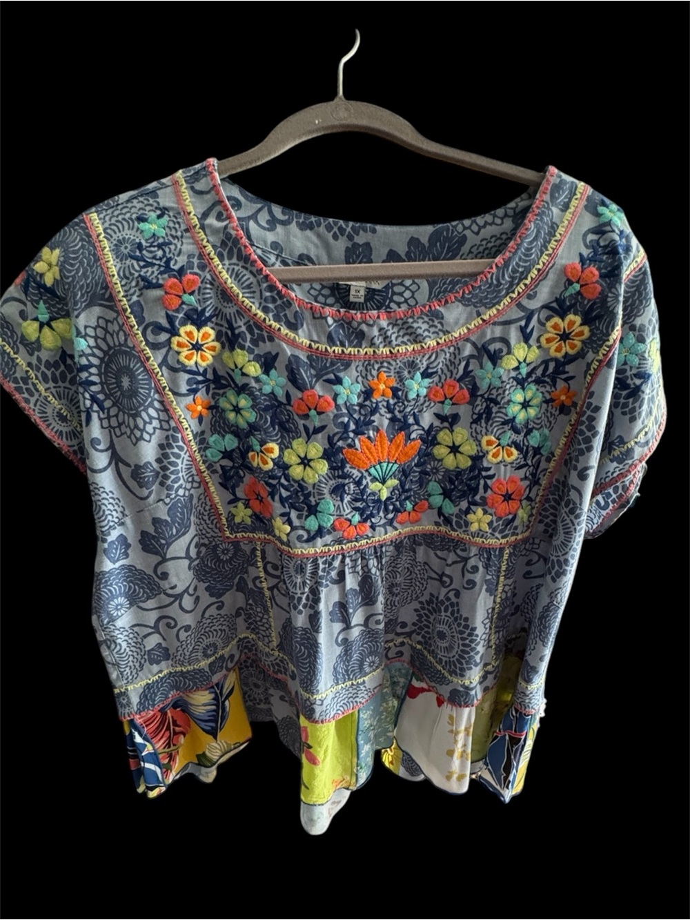 John Mark Blue Floral Patchwork Short Sleeve Top - Picture 2 of 6